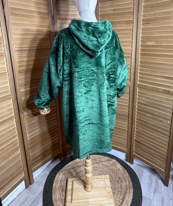 Sweat-plaid à capuche long velours doublé polaire vert sapin douceur +++ du 40 au 54 