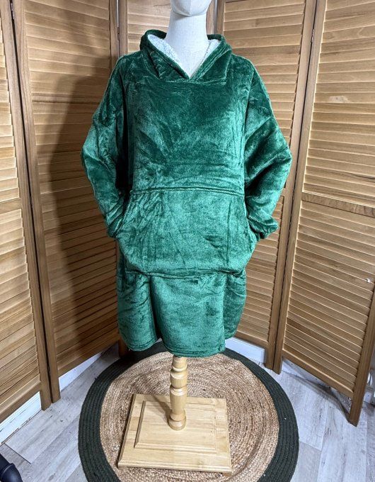 Sweat-plaid à capuche long velours doublé polaire vert sapin douceur +++ du 40 au 54 