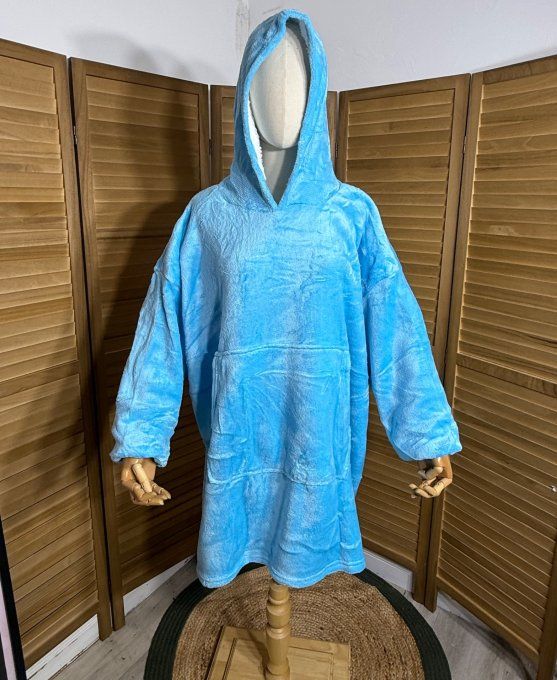 Sweat-plaid à capuche long velours doublé polaire bleu Cyan douceur +++ du 40 au 54 