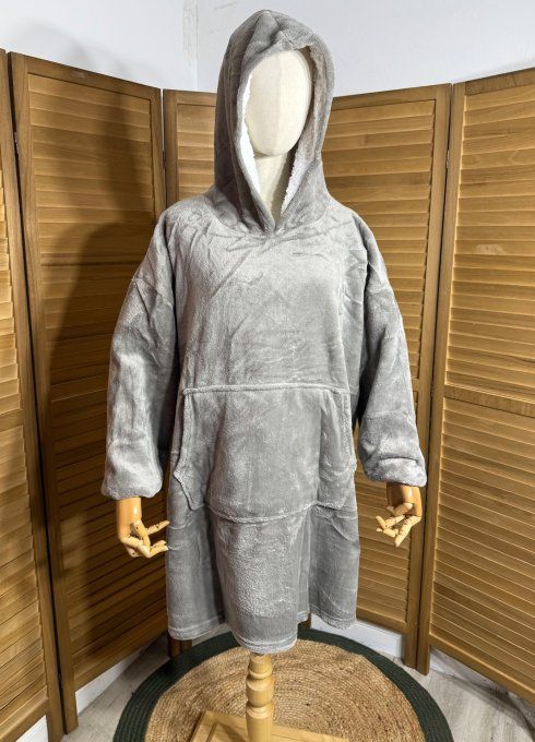 Sweat-plaid à capuche long velours doublé polaire gris perle douceur +++ du 40 au 54