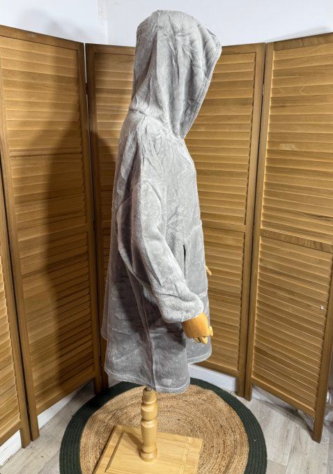 Sweat-plaid à capuche long velours doublé polaire gris perle douceur +++ du 40 au 54