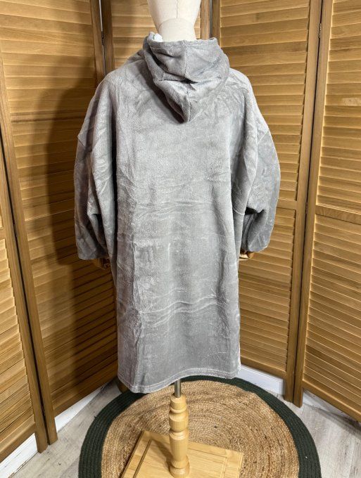 Sweat-plaid à capuche long velours doublé polaire gris perle douceur +++ du 40 au 54