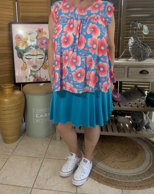 Blouse courte trapèze manches volantées tons bleu & corail du 36 au 46/48 
