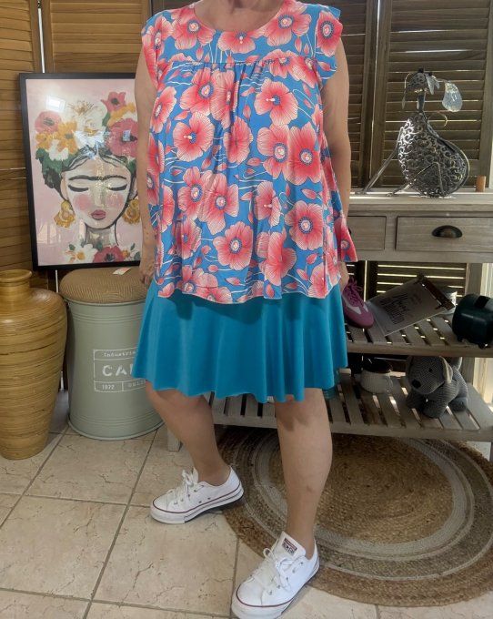Blouse courte trapèze manches volantées tons bleu & corail du 36 au 46/48 