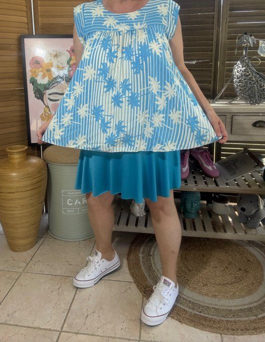 Blouse courte trapèze manches volantées rayée bleu blanc feuilles du 36 au 46/48 