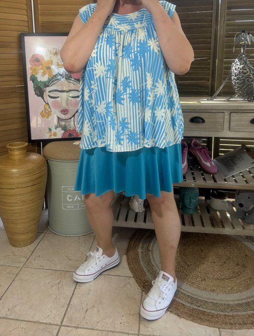 Blouse courte trapèze manches volantées rayée bleu blanc feuilles du 36 au 46/48 