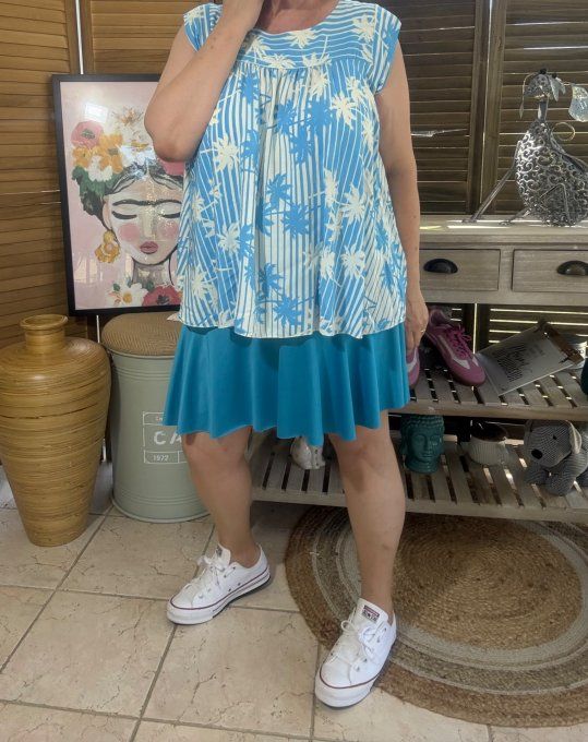 Blouse courte trapèze manches volantées rayée bleu blanc feuilles du 36 au 46/48 