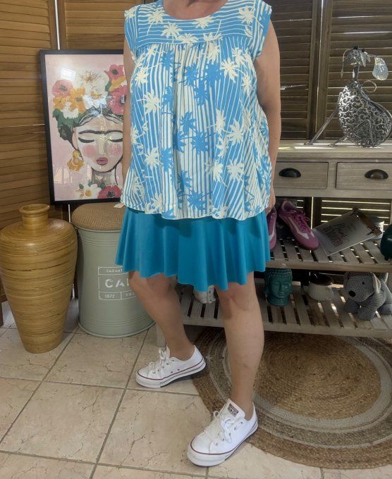Blouse courte trapèze manches volantées rayée bleu blanc feuilles du 36 au 46/48 
