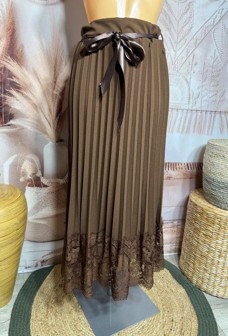 Jupe longue plissée chocolat et dentelle chic + ceinture satinée du 40 au 50