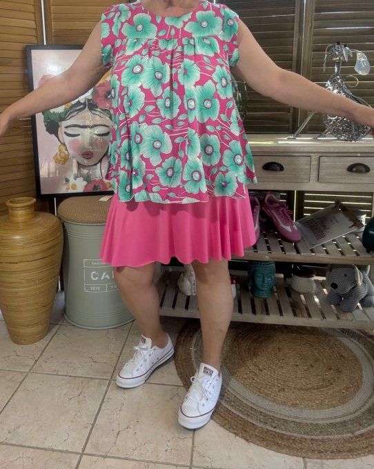 Blouse courte trapèze manches volantées tons fuschia & vert d'eau du 36 au 46/48