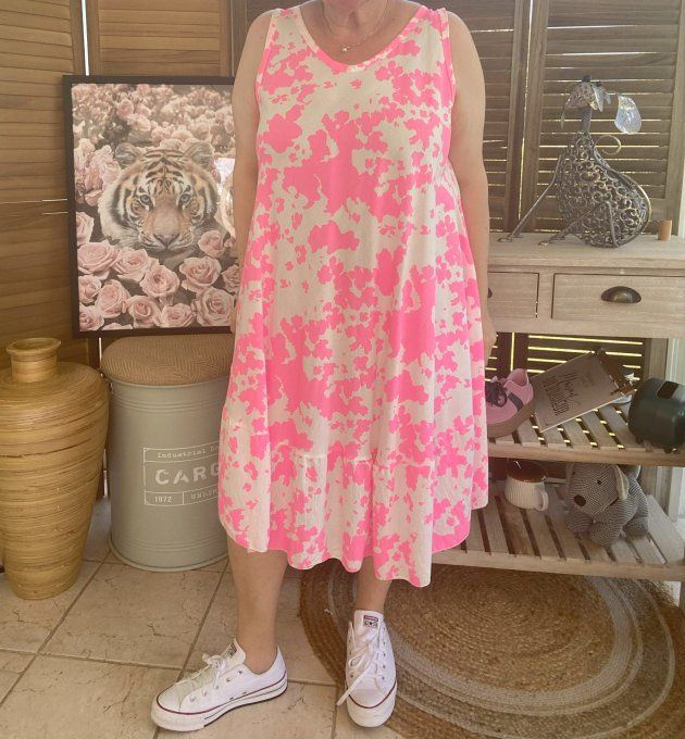 Robe mi-longue trapèze rose fluo & blanche du 38 au 46/48 