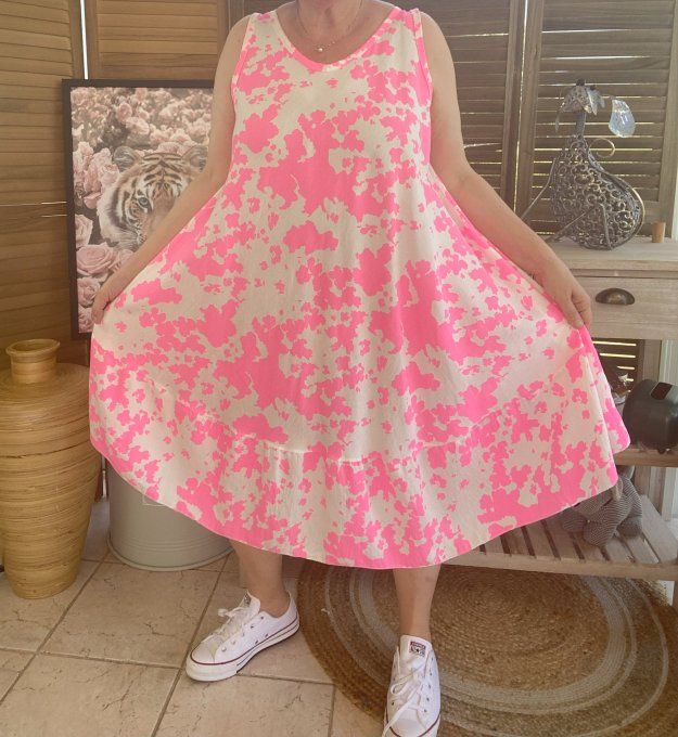 Robe mi-longue trapèze rose fluo & blanche du 38 au 46/48 