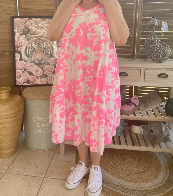 Robe mi-longue trapèze rose fluo & blanche du 38 au 46/48 