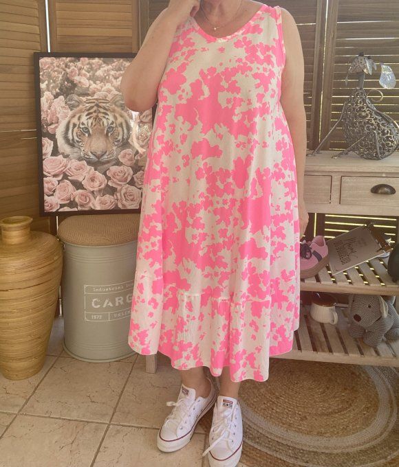 Robe mi-longue trapèze rose fluo & blanche du 38 au 46/48 