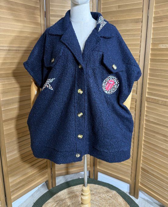 Blouson sans manches marine Patchs Léopard Rolling Stones du 40 au 52 et même + 