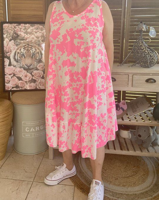 Robe mi-longue trapèze rose fluo & blanche du 38 au 46/48 