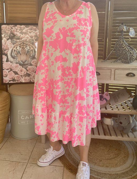 Robe mi-longue trapèze rose fluo & blanche du 38 au 46/48 