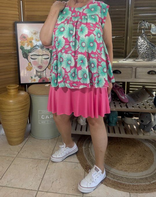 Blouse courte trapèze manches volantées tons fuschia & vert d'eau du 36 au 46/48