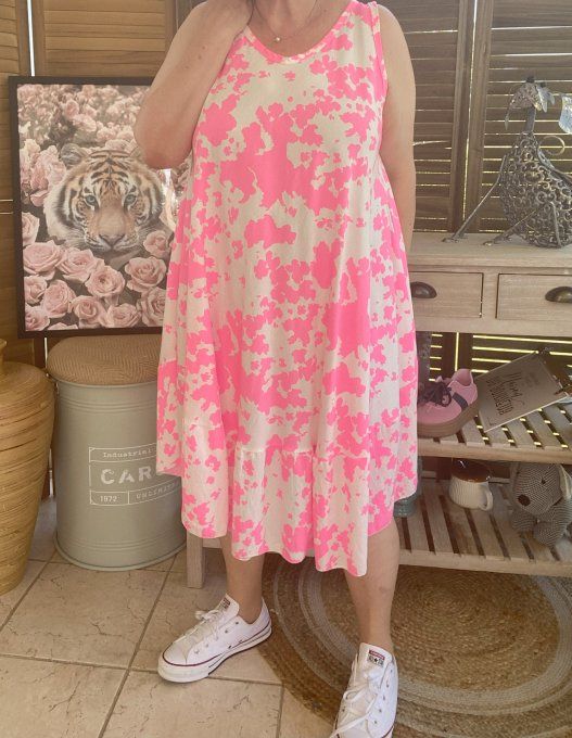 Robe mi-longue trapèze rose fluo & blanche du 38 au 46/48 