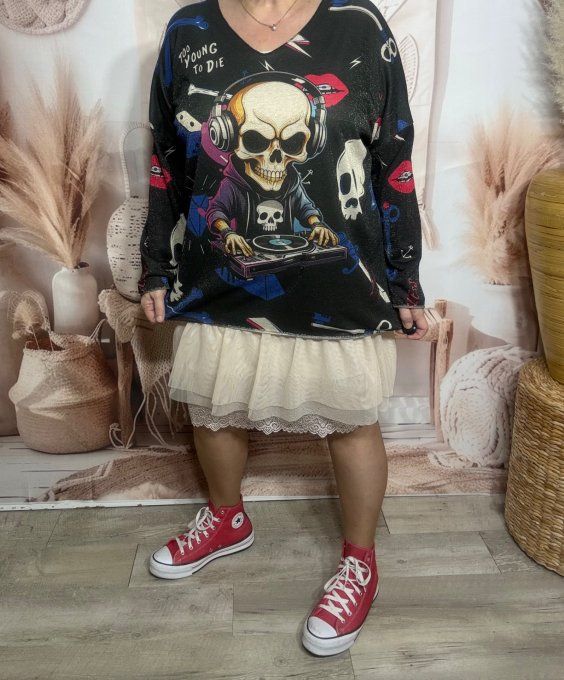 Top lurex noir pailleté doré Mexican Music Rock Calavera du 38 au 48/50