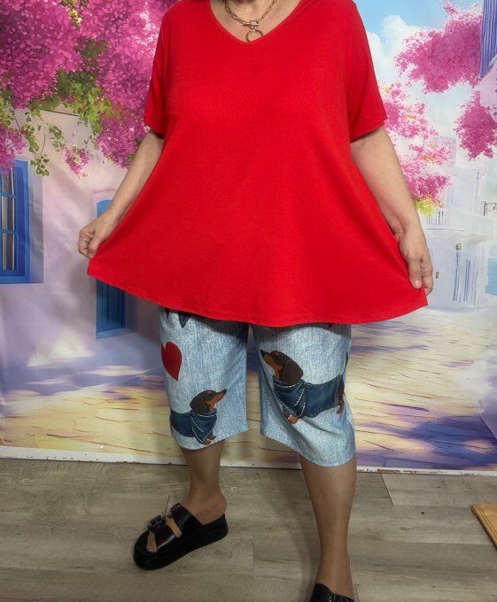 Top trapèze rouge manches courtes col V collection Les Basiques du Dressing du 40 au 54