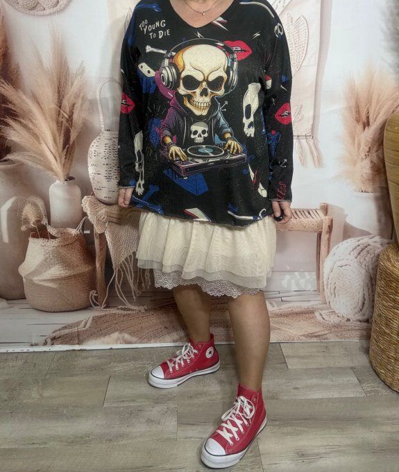 Top lurex noir pailleté doré Mexican Music Rock Calavera du 38 au 48/50