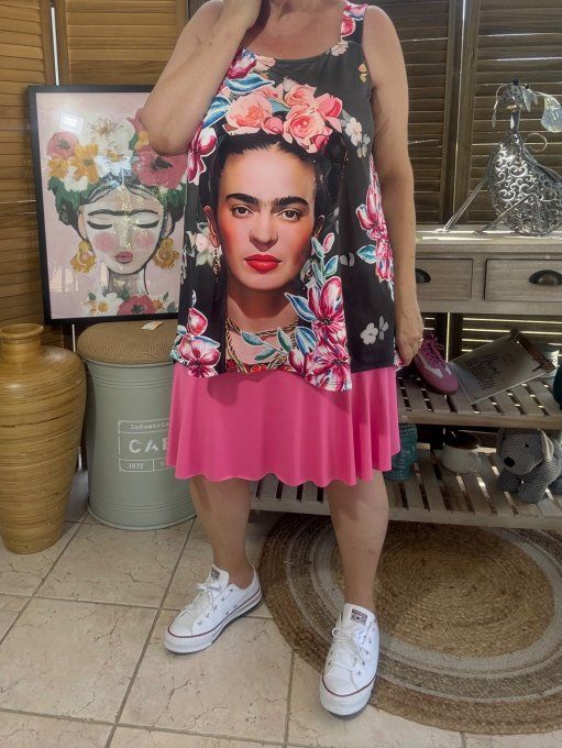 Top débardeur trapèze noir grisé Frida Kahlo aux Fleurs du 40 au 50/52 