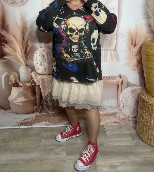 Top lurex noir pailleté doré Mexican Music Rock Calavera du 38 au 48/50