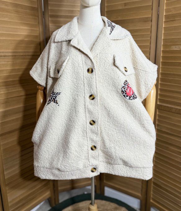 Blouson sans manches crème Patchs Léopard Rolling Stones du 40 au 52 et même +