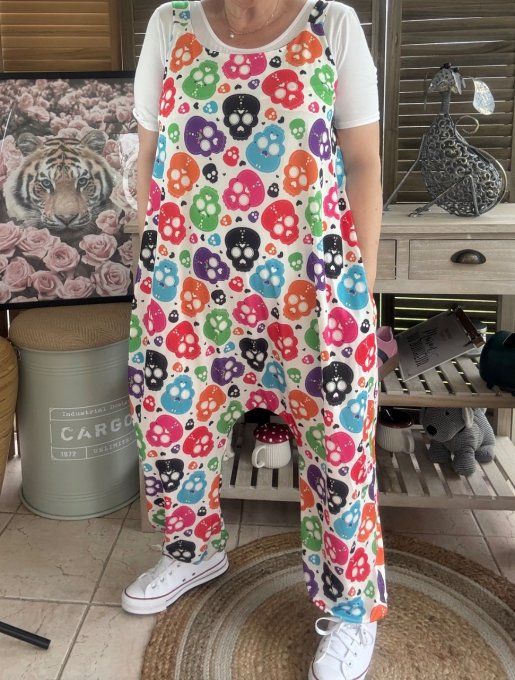 Combinaison salopette blanche Mexican Skulls Calaveras multicolores du 38 au 52
