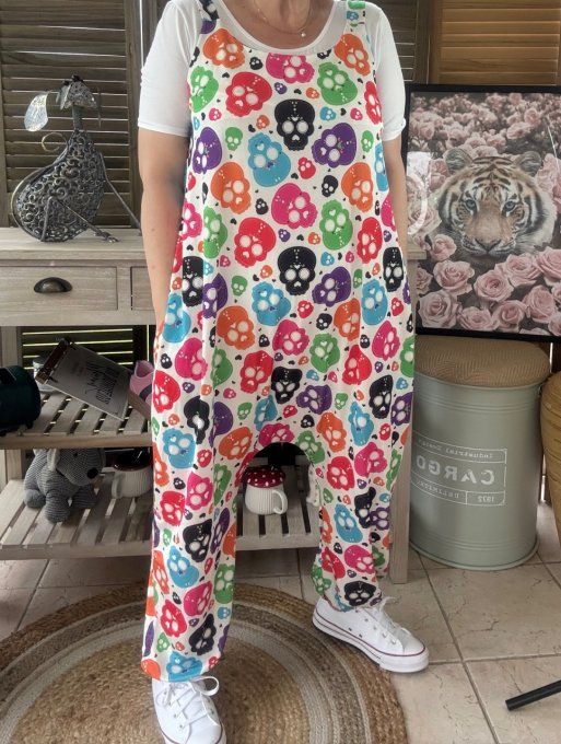 Combinaison salopette blanche Mexican Skulls Calaveras multicolores du 38 au 52