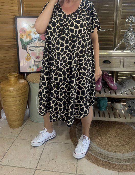 Robe trapèze asymétrique noire et beige Ethnique Girafe du 40 au 52/54 