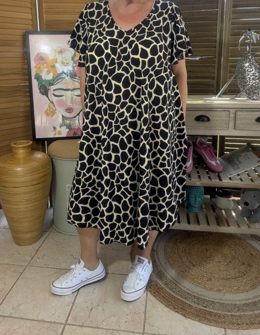 Robe trapèze asymétrique noire et beige Ethnique Girafe du 40 au 52/54 