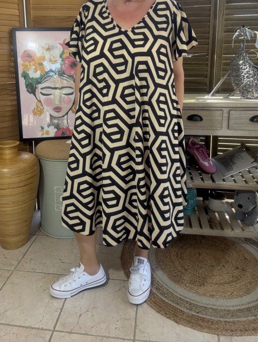 Robe trapèze asymétrique noire et beige Ethnique Mosaïque du 40 au 52/54  