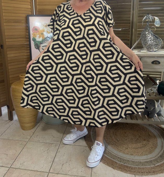 Robe trapèze asymétrique noire et beige Ethnique Mosaïque du 40 au 52/54  