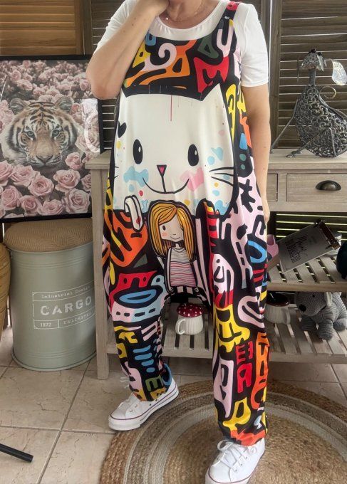Combinaison salopette noire graffitis multicolores La Fillette et le chat du 38 au 52  
