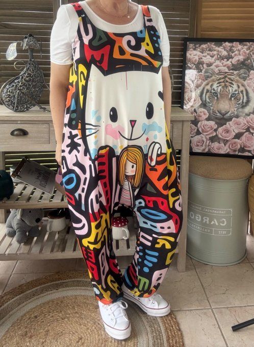Combinaison salopette noire graffitis multicolores La Fillette et le chat du 38 au 52  