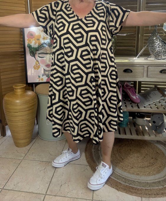 Robe trapèze asymétrique noire et beige Ethnique Mosaïque du 40 au 52/54  