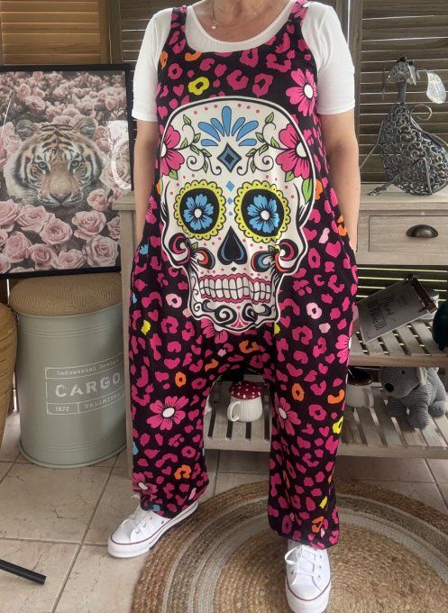 Combinaison salopette noire violet Mexican Skulls Calavera du 38 au 52  