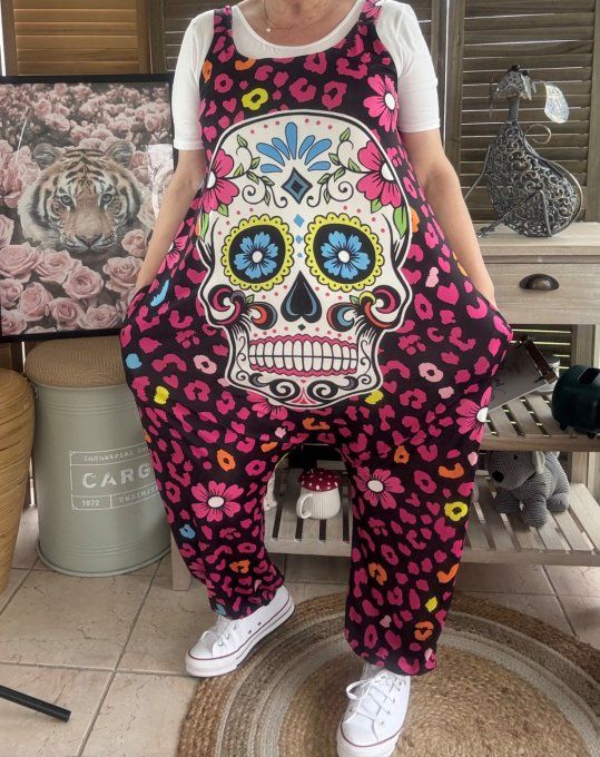Combinaison salopette noire violet Mexican Skulls Calavera du 38 au 52  