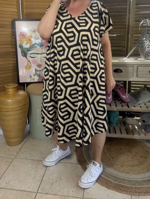 Robe trapèze asymétrique noire et beige Ethnique Mosaïque du 40 au 52/54  
