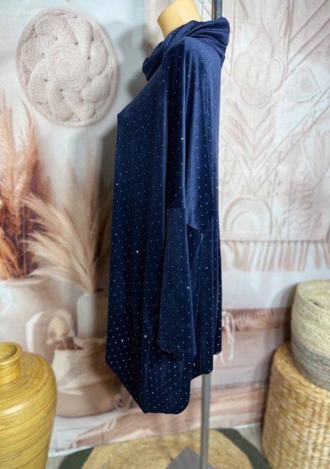 Robe ou tunique asymétrique velours ras bleu nuit strass paillettes argentées du 42 au 54/56