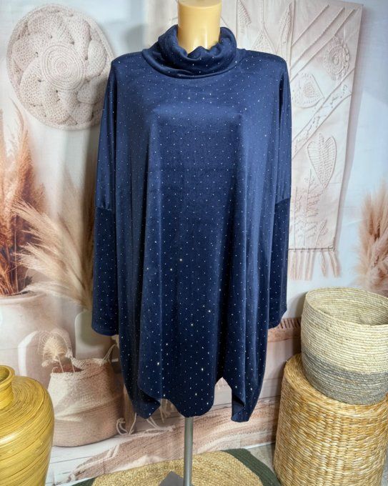 Robe ou tunique asymétrique velours ras bleu nuit strass paillettes argentées du 42 au 54/56