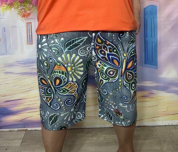 Bermuda / short long effet jeans stone grisé Les Papillons multicolores stretch ++ du 38 au 50/52