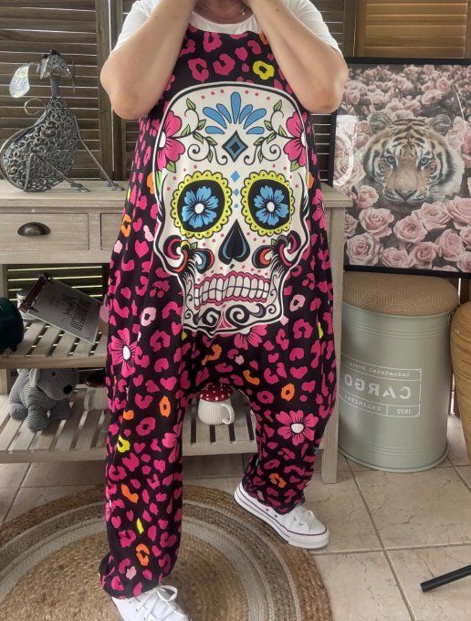 Combinaison salopette noire violet Mexican Skulls Calavera du 38 au 52  