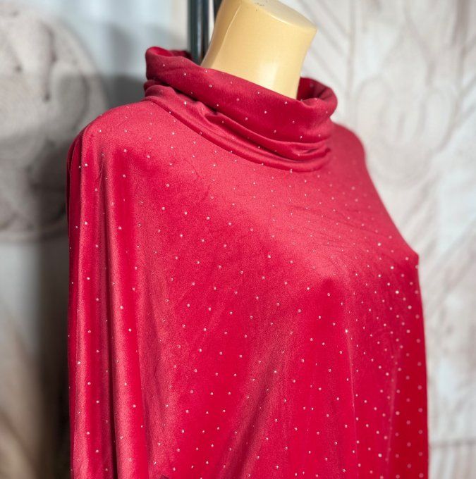 Robe ou tunique asymétrique velours ras rouge strass paillettes argentées du 42 au 54/56