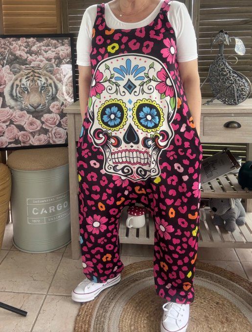 Combinaison salopette noire violet Mexican Skulls Calavera du 38 au 52  
