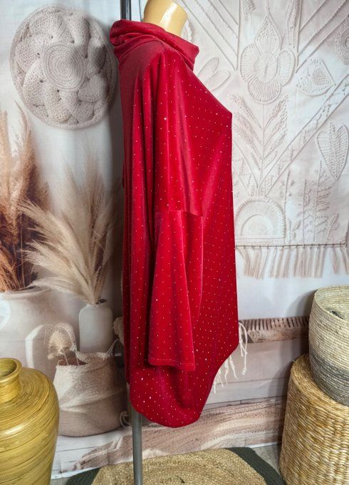 Robe ou tunique asymétrique velours ras rouge strass paillettes argentées du 42 au 54/56