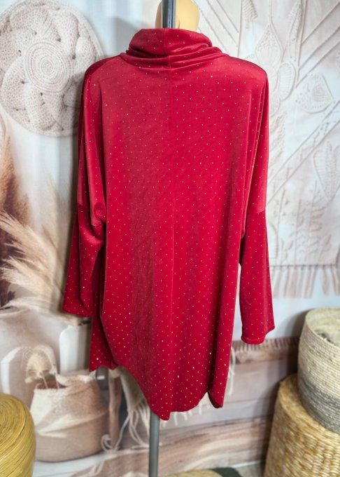 Robe ou tunique asymétrique velours ras rouge strass paillettes argentées du 42 au 54/56