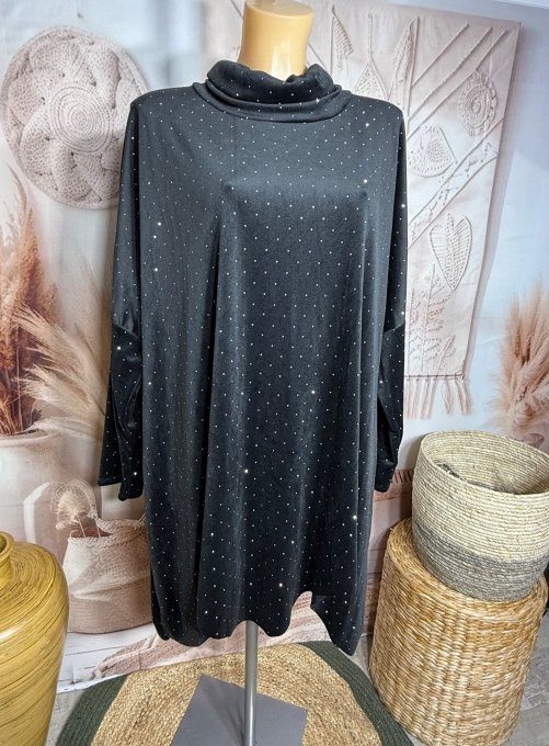 Robe ou tunique asymétrique velours ras noir strass paillettes argentées du 42 au 54/56
